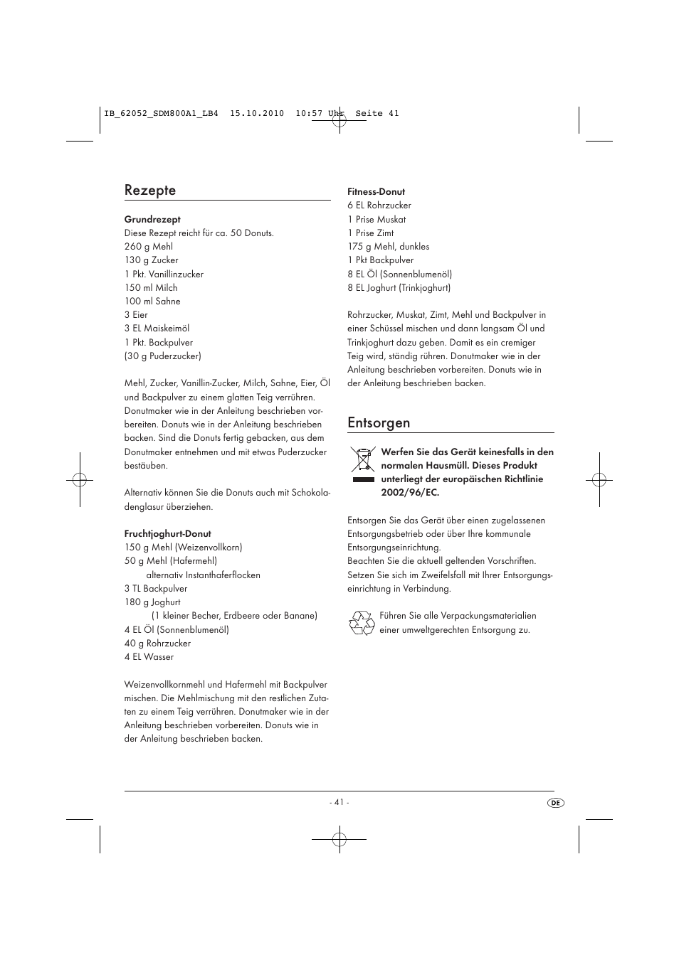 Rezepte, Entsorgen | Silvercrest SDM 800 A1 User Manual | Page 43 / 44