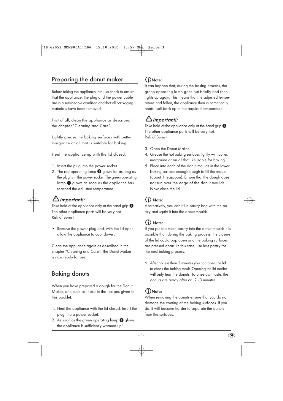 Preparing the donut maker, Baking donuts, Important | Silvercrest SDM 800 A1 User Manual | Page 5 / 44