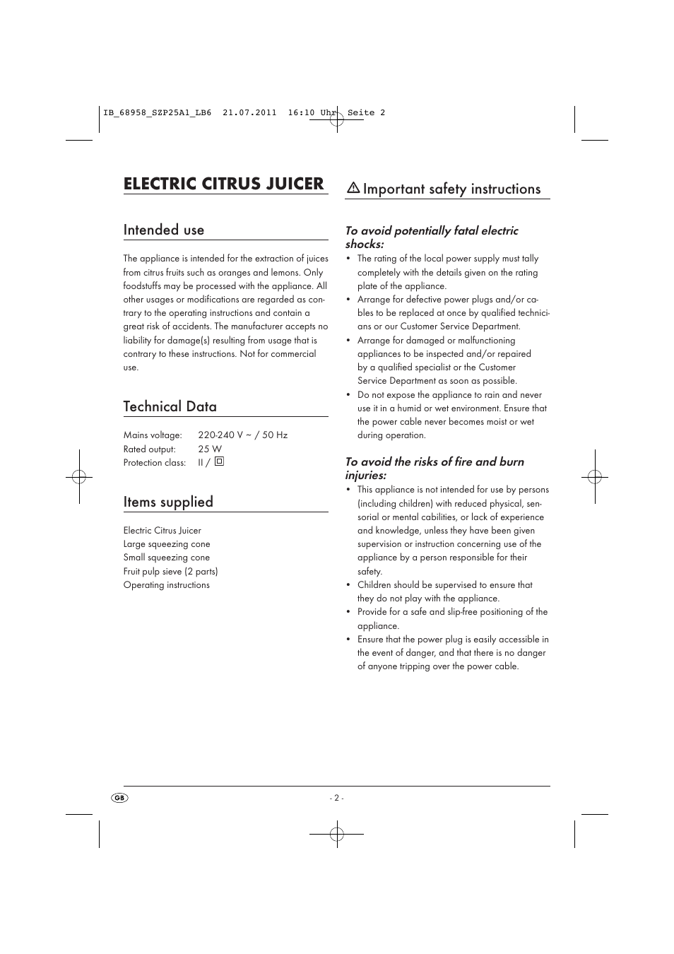 Electric citrus juicer, Intended use, Technical data | Items supplied, Important safety instructions | Silvercrest SZP 25 A1 User Manual | Page 4 / 14