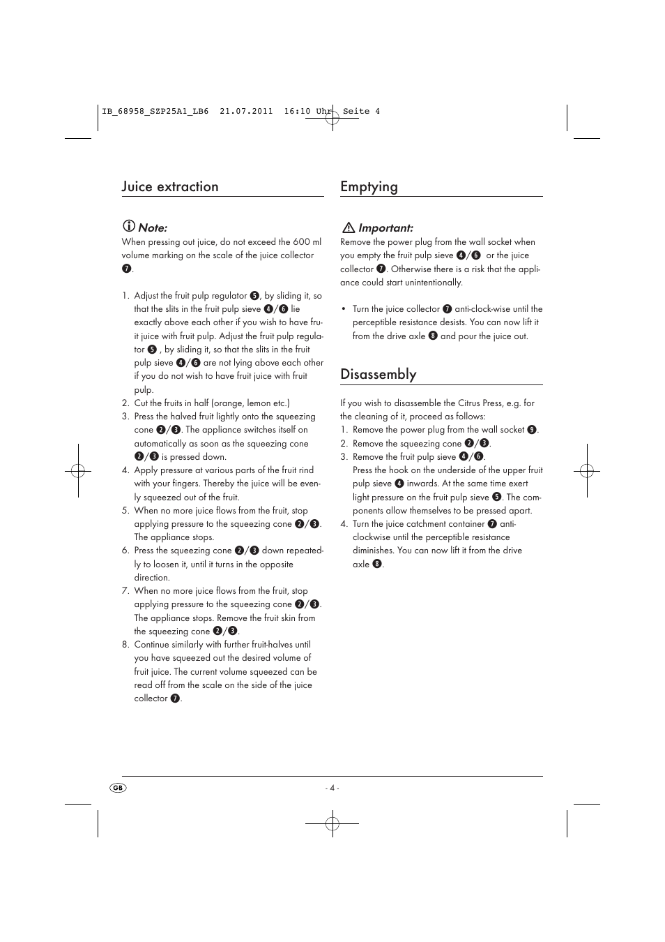 Juice extraction, Emptying, Disassembly | Silvercrest SZP 25 A1 User Manual | Page 6 / 14