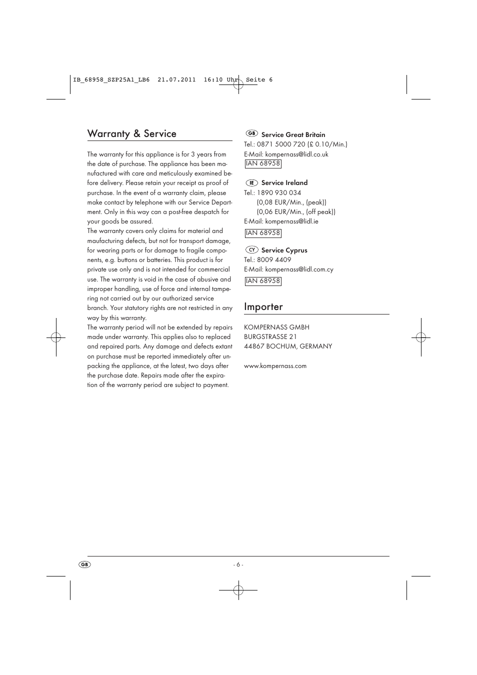Warranty & service, Importer | Silvercrest SZP 25 A1 User Manual | Page 8 / 14