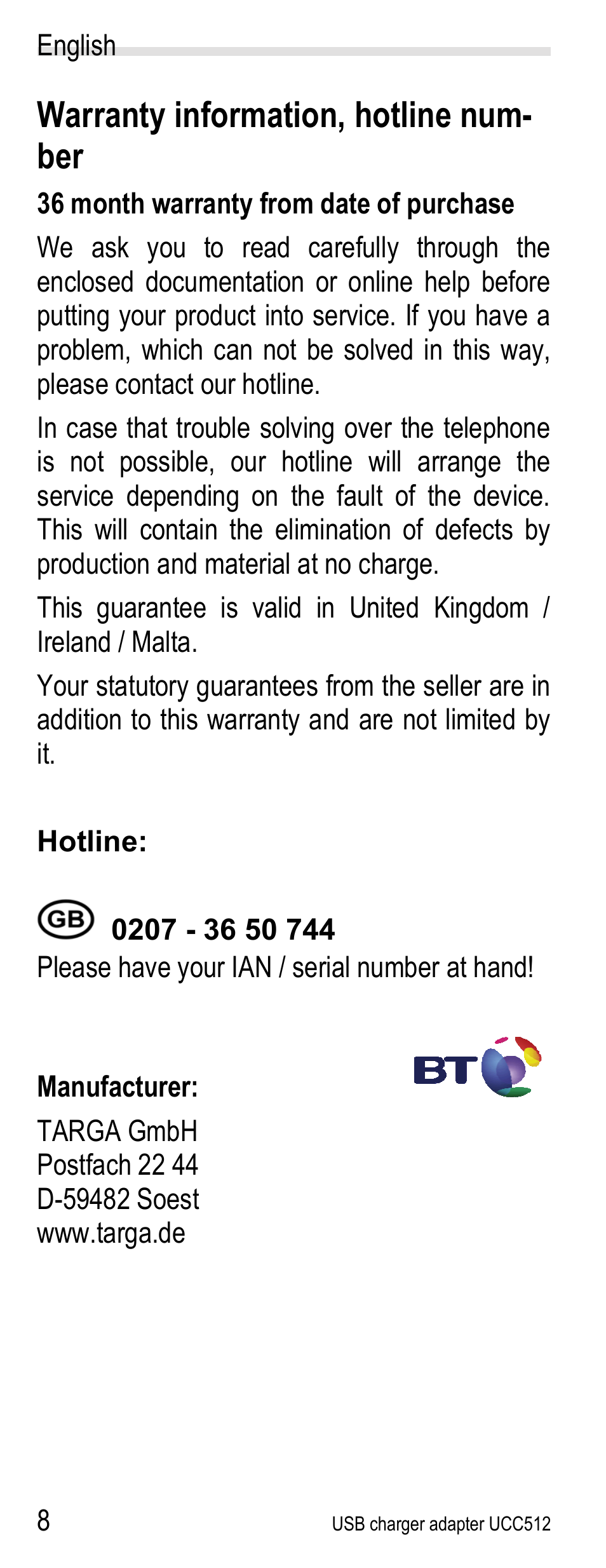 Warranty information, hotline number, Warranty information, hotline num- ber | Silvercrest UCC512 User Manual | Page 10 / 31