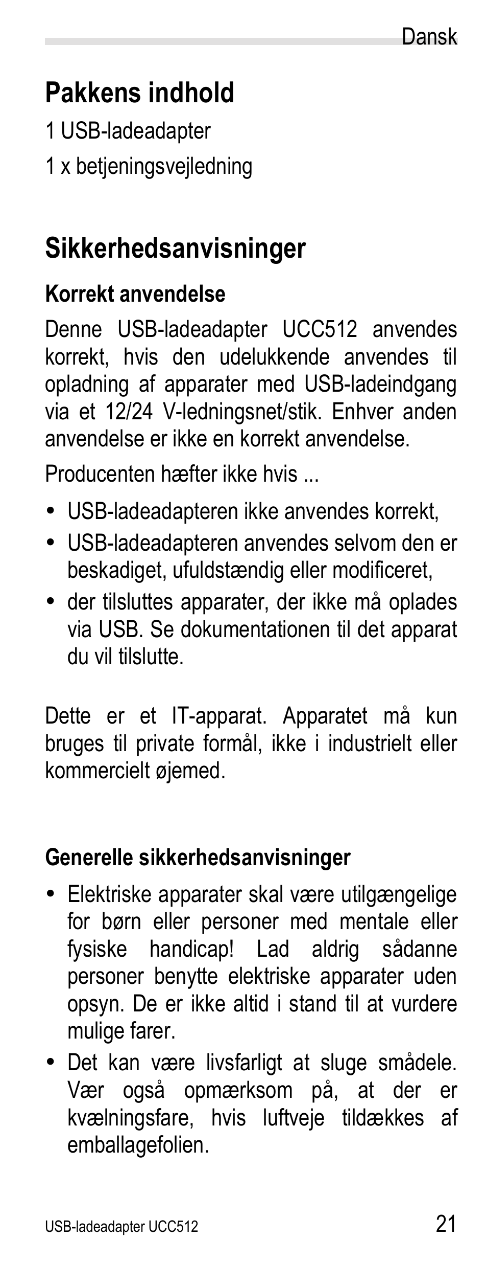 Pakkens indhold, Sikkerhedsanvisninger, Korrekt anvendelse | Generelle sikkerhedsanvisninger | Silvercrest UCC512 User Manual | Page 23 / 31