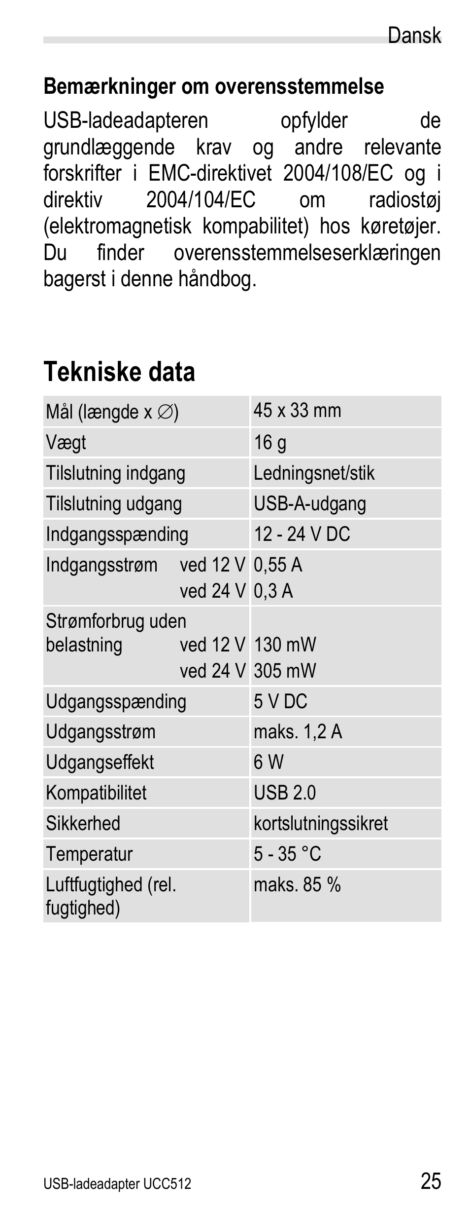 Bemærkninger om overensstemmelse, Tekniske data, Dansk | Silvercrest UCC512 User Manual | Page 27 / 31