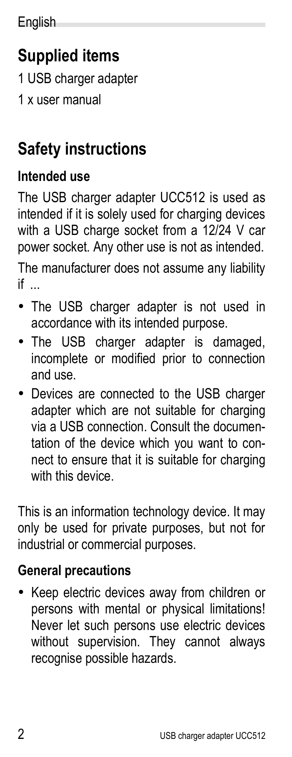 Supplied items, Safety instructions, Intended use | General precautions | Silvercrest UCC512 User Manual | Page 4 / 31
