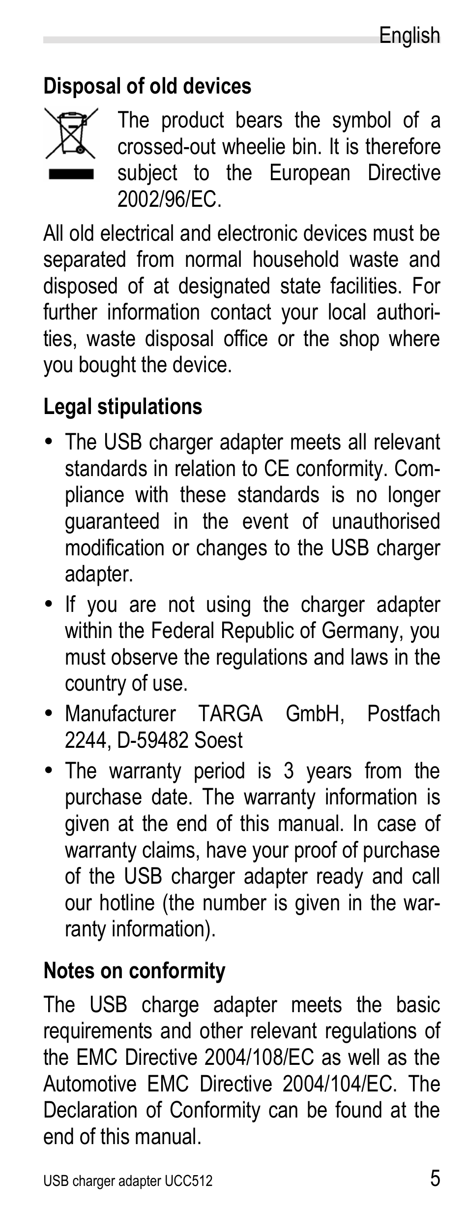 Disposal of old devices, Legal stipulations, Notes on conformity | Silvercrest UCC512 User Manual | Page 7 / 31