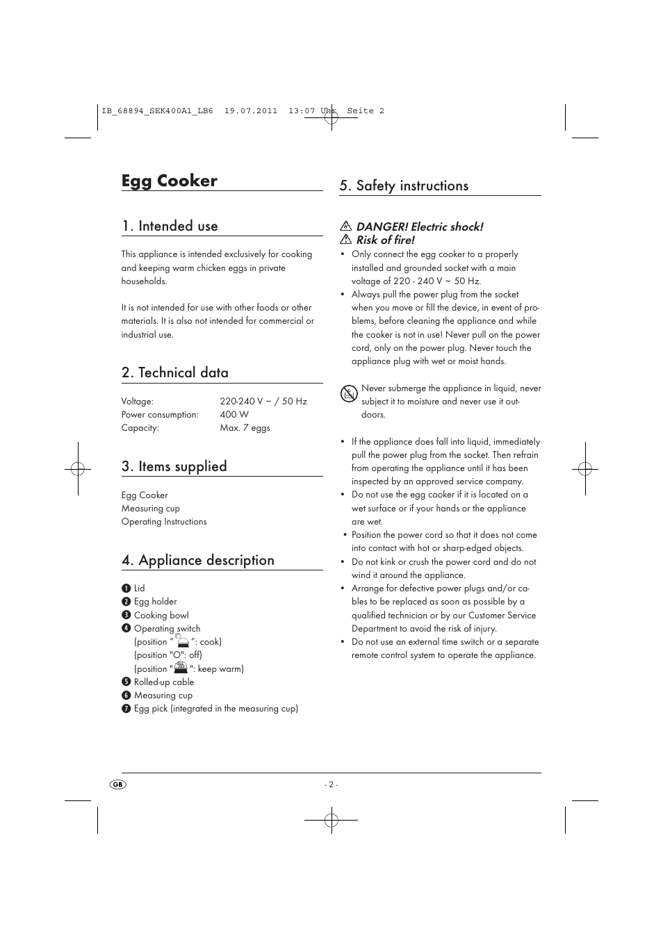 Egg cooker, Intended use, Technical data | Items supplied, Appliance description, Safety instructions | Silvercrest SEK 400 A1 User Manual | Page 4 / 11