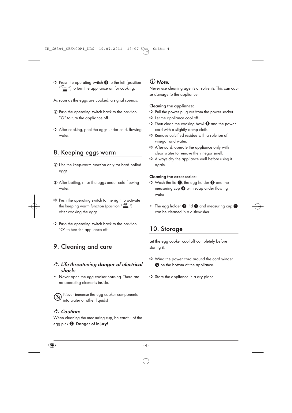 Keeping eggs warm, Cleaning and care, Storage | Silvercrest SEK 400 A1 User Manual | Page 6 / 11