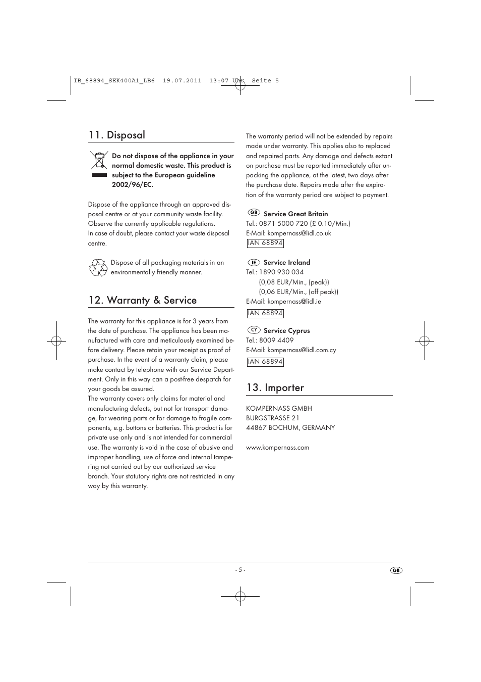 Disposal, Warranty & service, Importer | Silvercrest SEK 400 A1 User Manual | Page 7 / 11