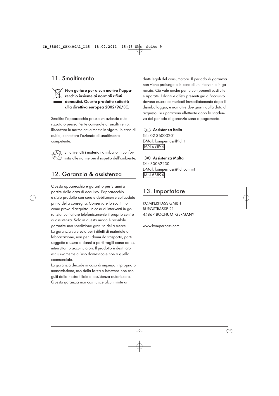Smaltimento, Garanzia & assistenza, Importatore | Silvercrest SEK 400 A1 User Manual | Page 11 / 23