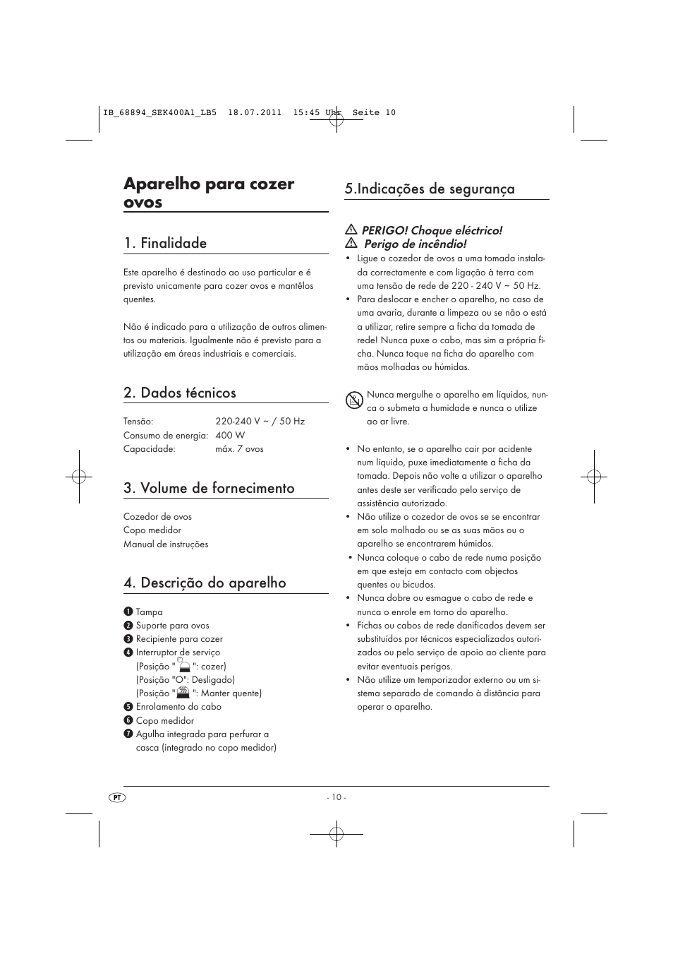 Aparelho para cozer ovos, Finalidade, Dados técnicos | Volume de fornecimento, Descrição do aparelho, Indicações de segurança | Silvercrest SEK 400 A1 User Manual | Page 12 / 23