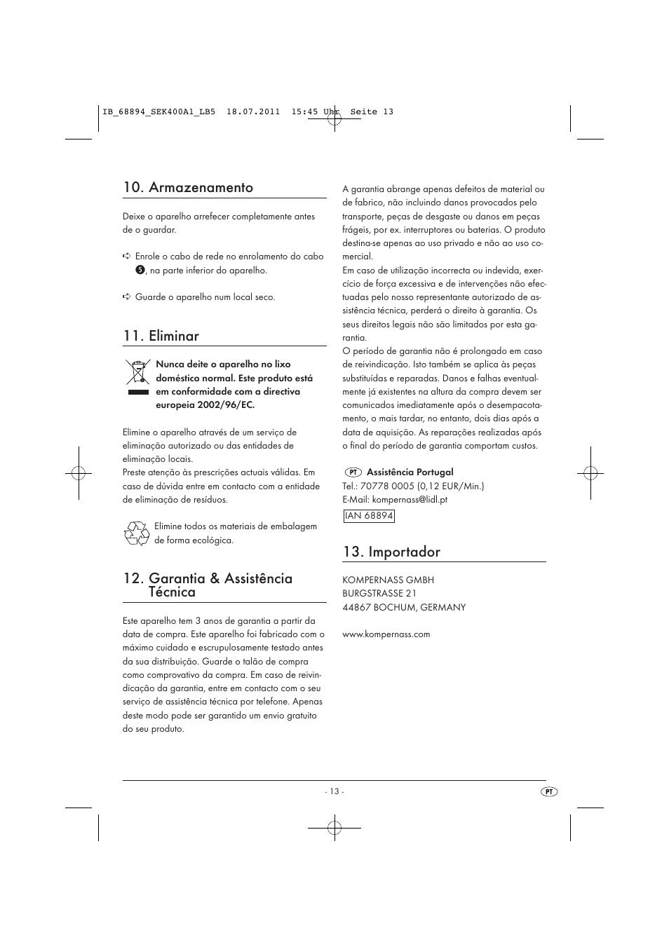 Armazenamento, Eliminar, Garantia & assistência técnica | Importador | Silvercrest SEK 400 A1 User Manual | Page 15 / 23