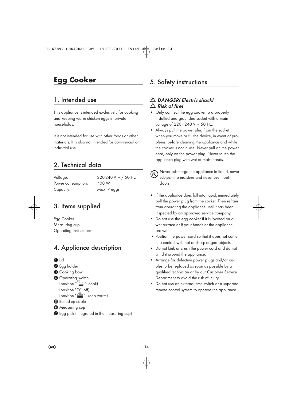 Egg cooker, Intended use, Technical data | Items supplied, Appliance description, Safety instructions | Silvercrest SEK 400 A1 User Manual | Page 16 / 23