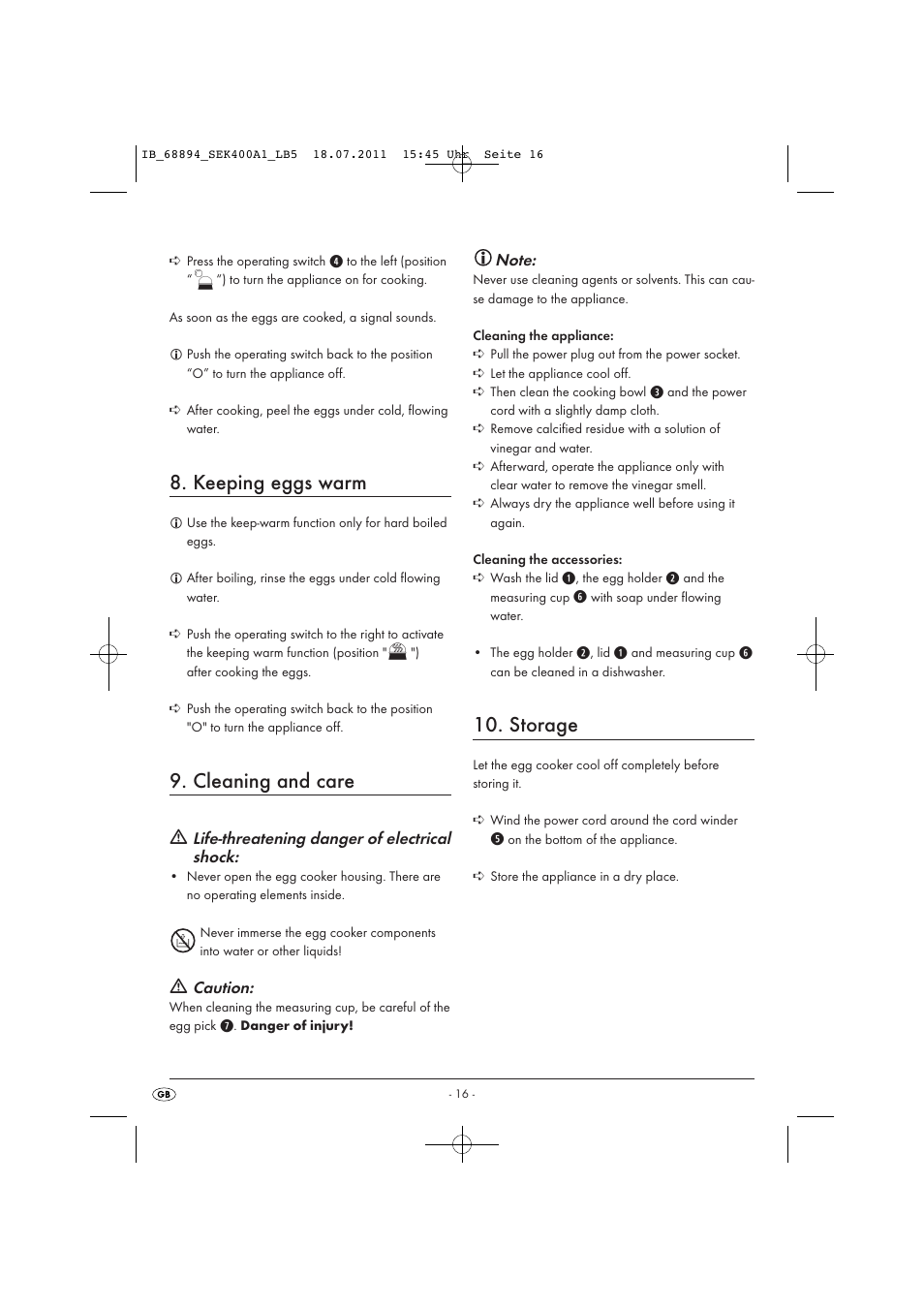 Keeping eggs warm, Cleaning and care, Storage | Silvercrest SEK 400 A1 User Manual | Page 18 / 23