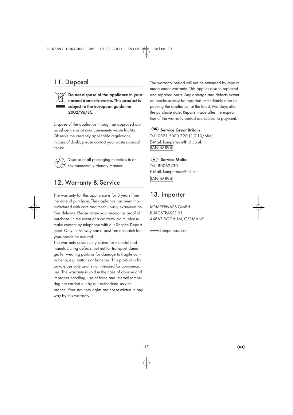 Disposal, Warranty & service, Importer | Silvercrest SEK 400 A1 User Manual | Page 19 / 23