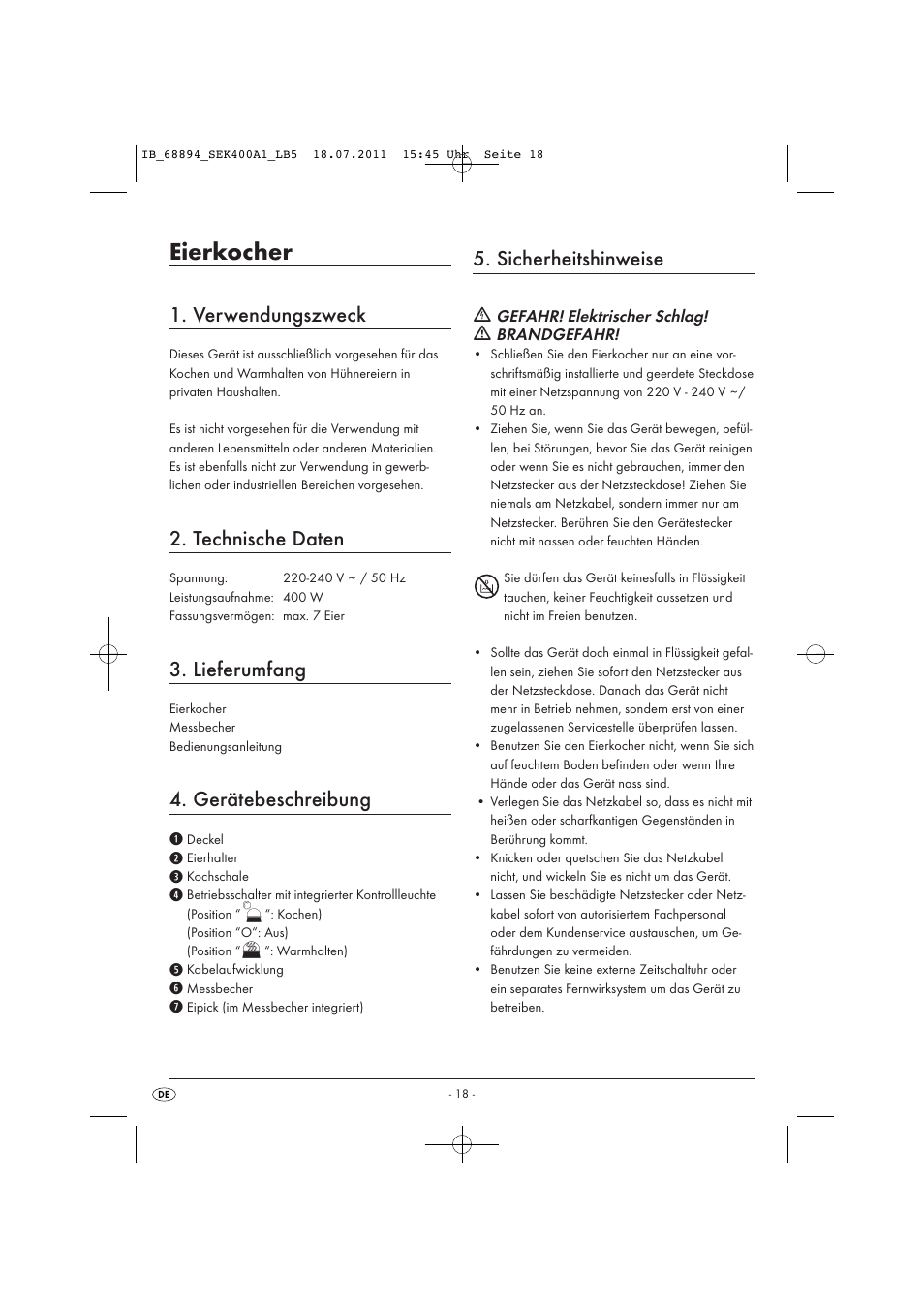 Eierkocher, Verwendungszweck, Technische daten | Lieferumfang, Gerätebeschreibung, Sicherheitshinweise | Silvercrest SEK 400 A1 User Manual | Page 20 / 23