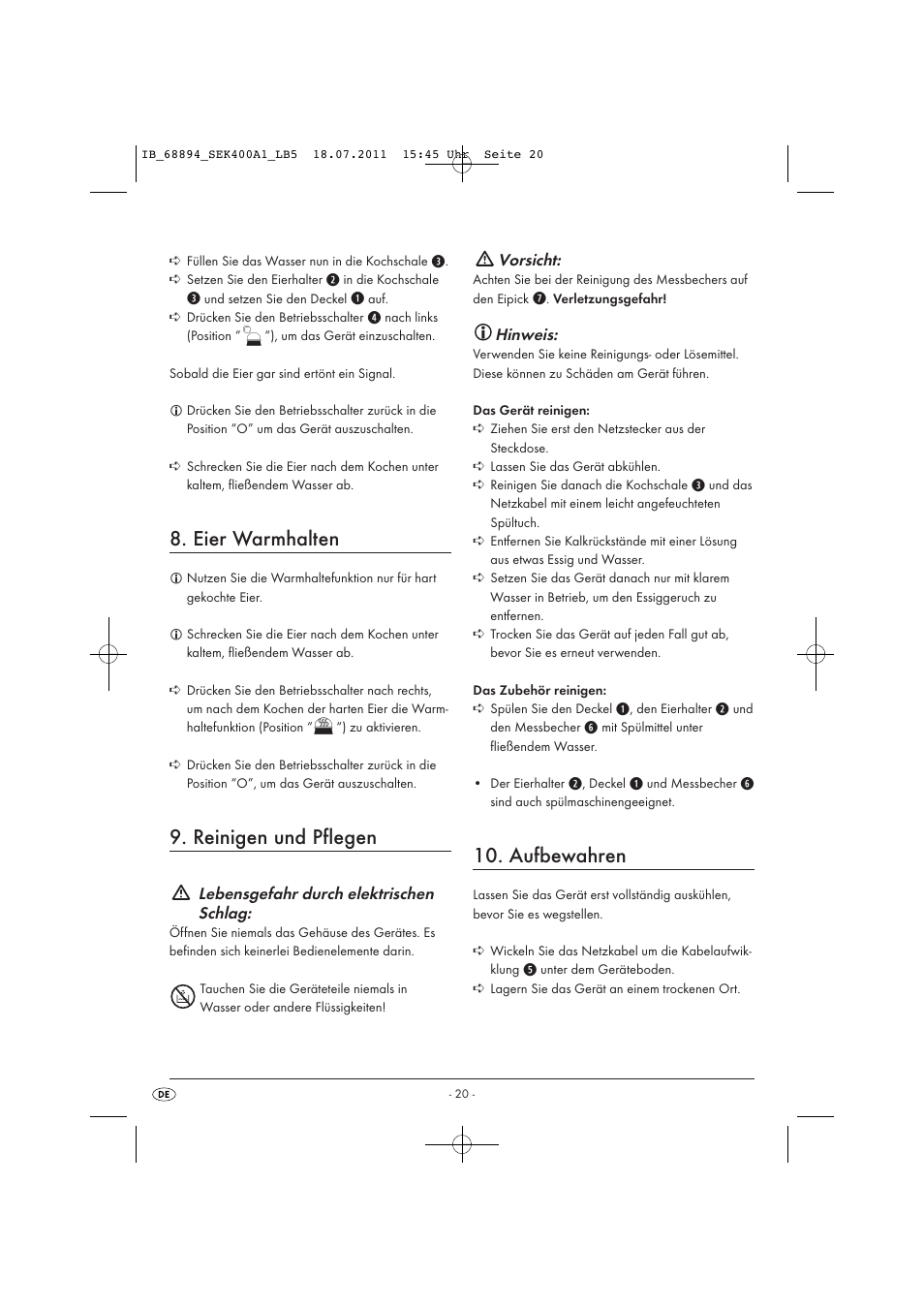 Eier warmhalten, Reinigen und pflegen, Aufbewahren | Lebensgefahr durch elektrischen schlag, Vorsicht, Hinweis | Silvercrest SEK 400 A1 User Manual | Page 22 / 23