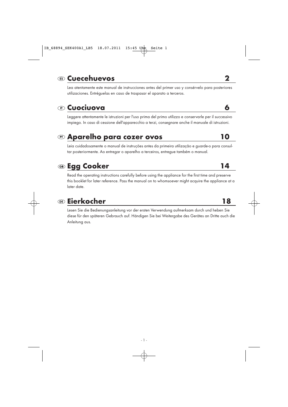 Cuecehuevos 2, Cuociuova 6, Aparelho para cozer ovos 10 | Egg cooker 14, Eierkocher 18 | Silvercrest SEK 400 A1 User Manual | Page 3 / 23