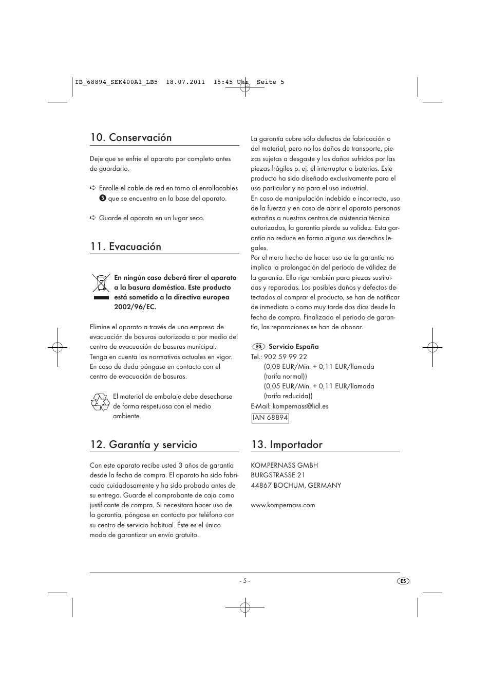 Conservación, Evacuación, Garantía y servicio | Importador | Silvercrest SEK 400 A1 User Manual | Page 7 / 23