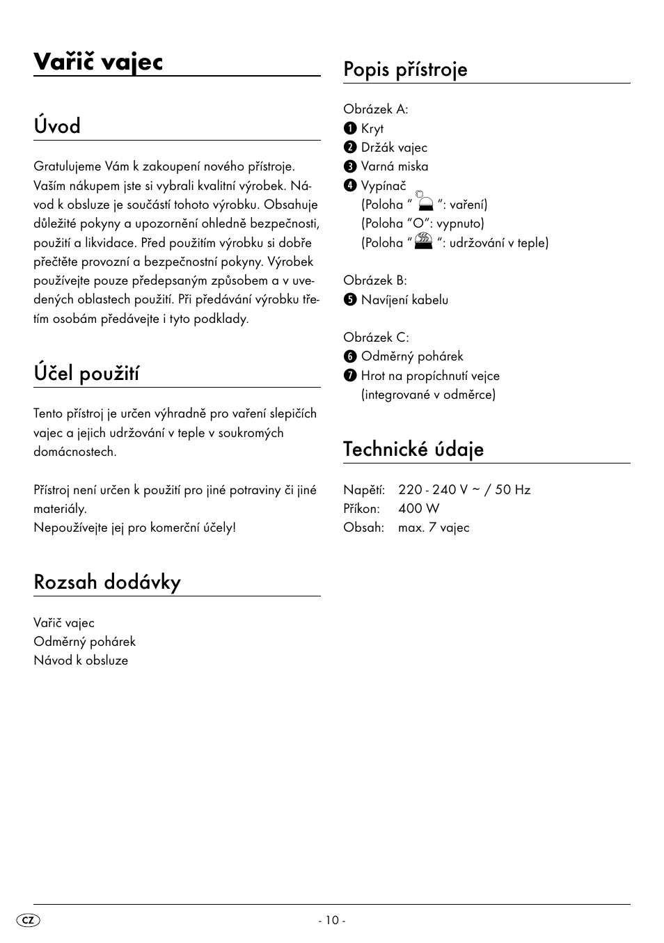Vařič vajec, Úvod, Účel použití | Rozsah dodávky, Popis přístroje, Technické údaje | Silvercrest SEK 400 B2 User Manual | Page 13 / 27