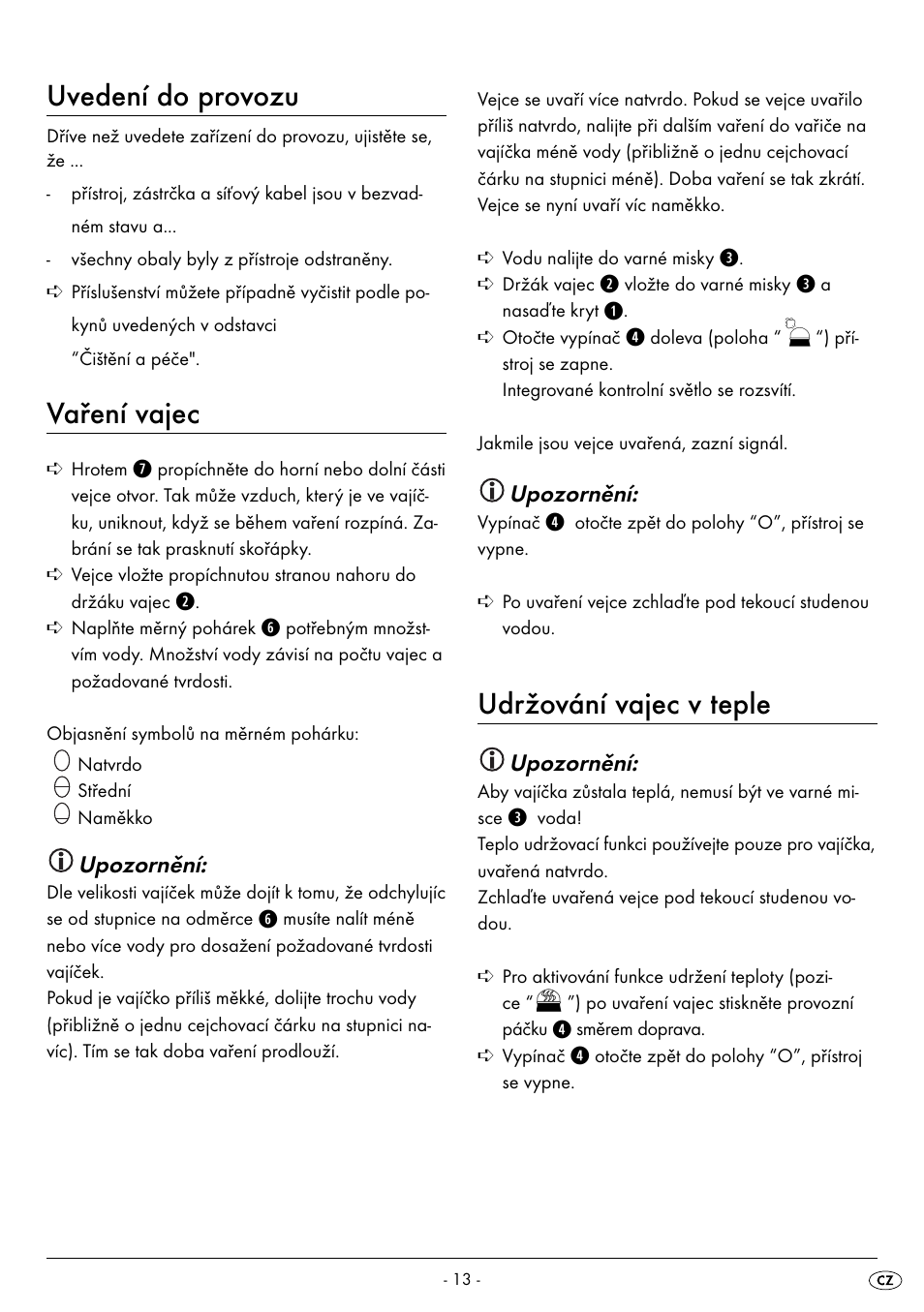 Uvedení do provozu, Vaření vajec, Udržování vajec v teple | Upozornění | Silvercrest SEK 400 B2 User Manual | Page 16 / 27