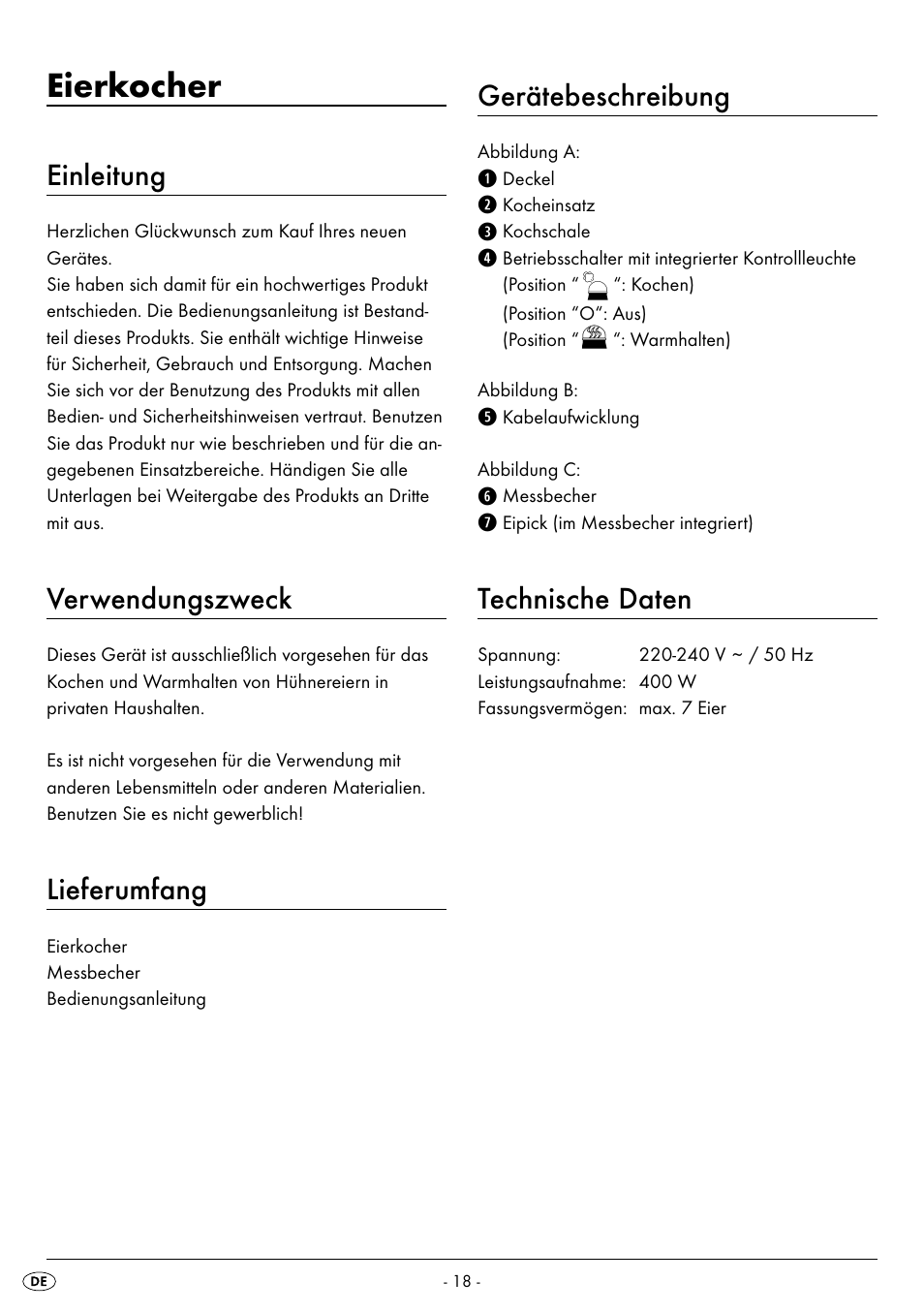 Eierkocher, Einleitung, Verwendungszweck | Lieferumfang, Gerätebeschreibung, Technische daten | Silvercrest SEK 400 B2 User Manual | Page 21 / 27