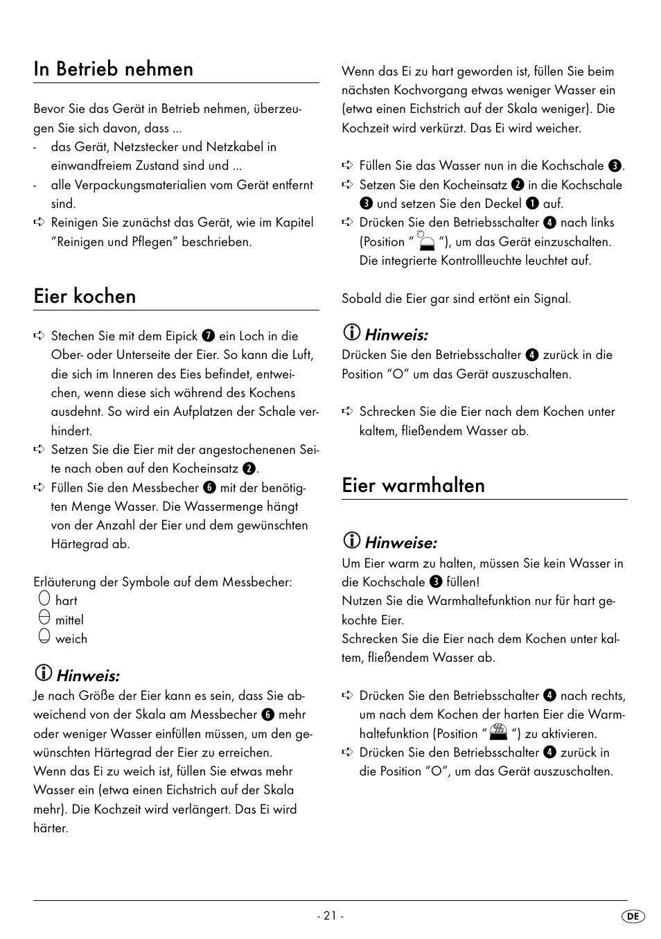 Eier kochen, Eier warmhalten | Silvercrest SEK 400 B2 User Manual | Page 24 / 27