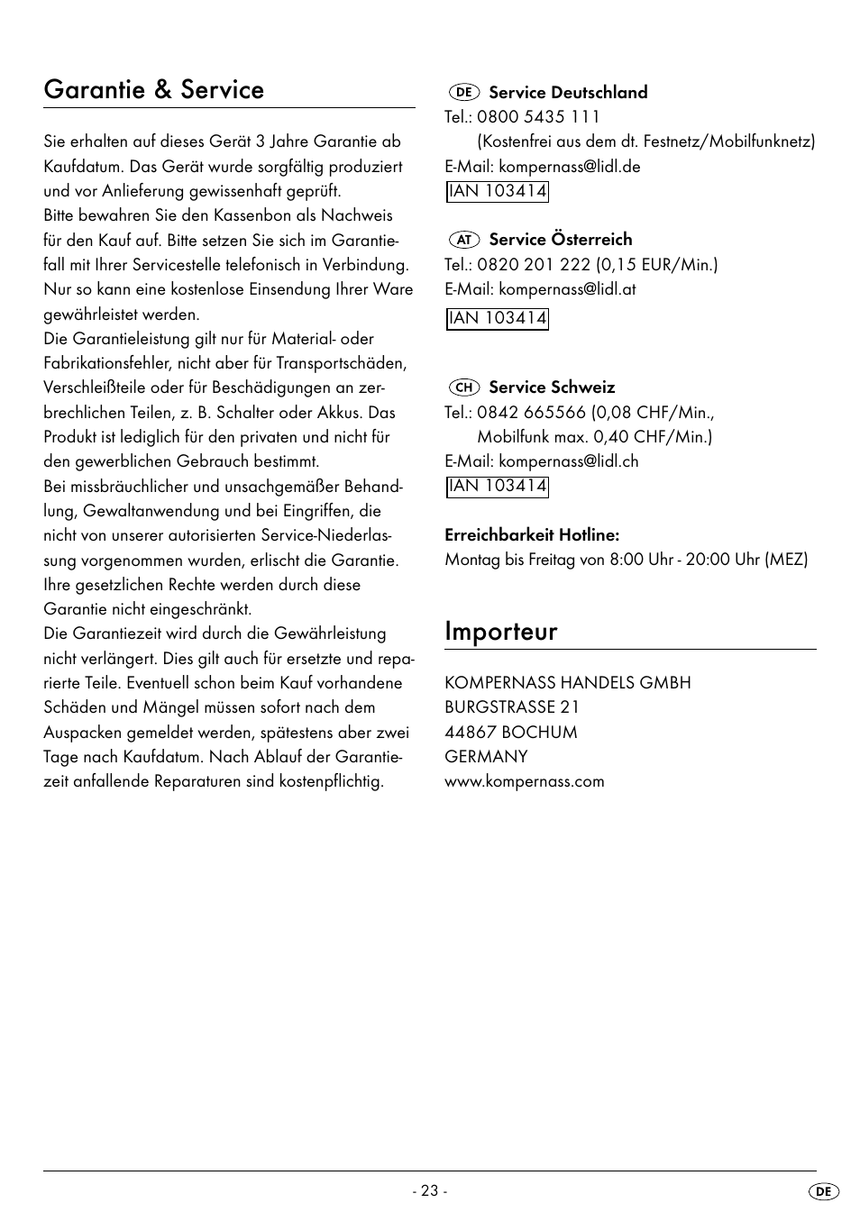 Garantie & service, Importeur | Silvercrest SEK 400 B2 User Manual | Page 26 / 27