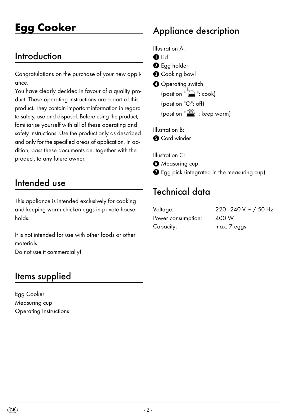 Egg cooker, Introduction, Intended use | Items supplied, Appliance description, Technical data | Silvercrest SEK 400 B2 User Manual | Page 5 / 27