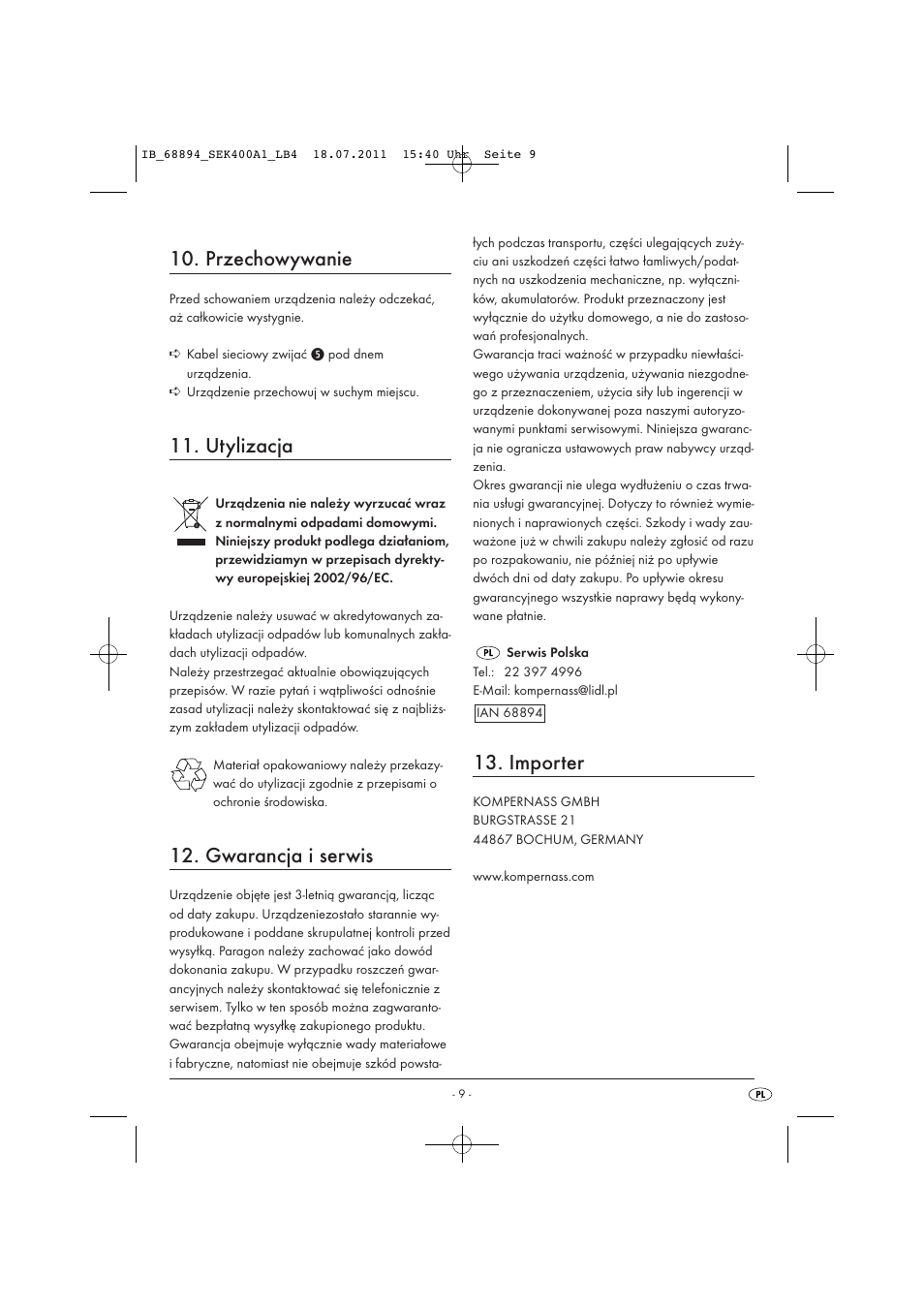 Przechowywanie, Utylizacja, Gwarancja i serwis | Importer | Silvercrest SEK 400 A1 User Manual | Page 11 / 31