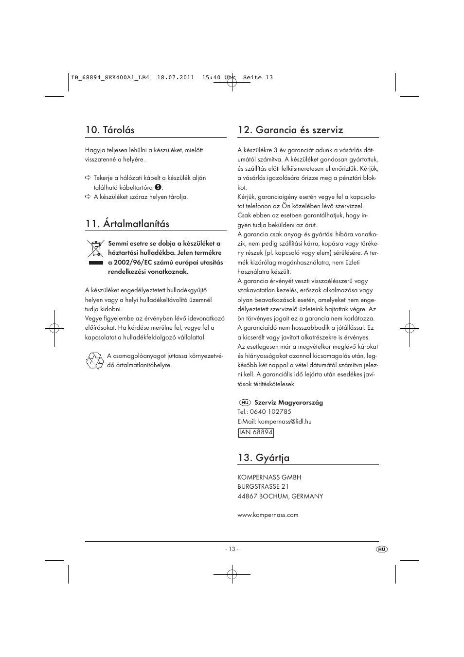 Tárolás, Ártalmatlanítás, Garancia és szerviz | Gyártja | Silvercrest SEK 400 A1 User Manual | Page 15 / 31