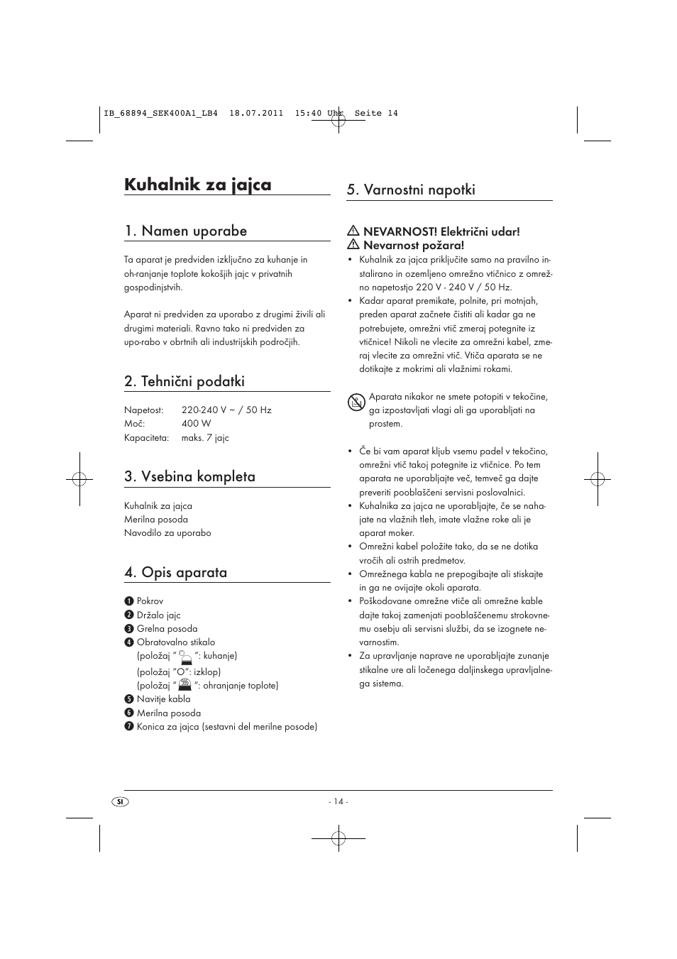 Kuhalnik za jajca, Namen uporabe, Tehnični podatki | Vsebina kompleta, Opis aparata, Varnostni napotki | Silvercrest SEK 400 A1 User Manual | Page 16 / 31