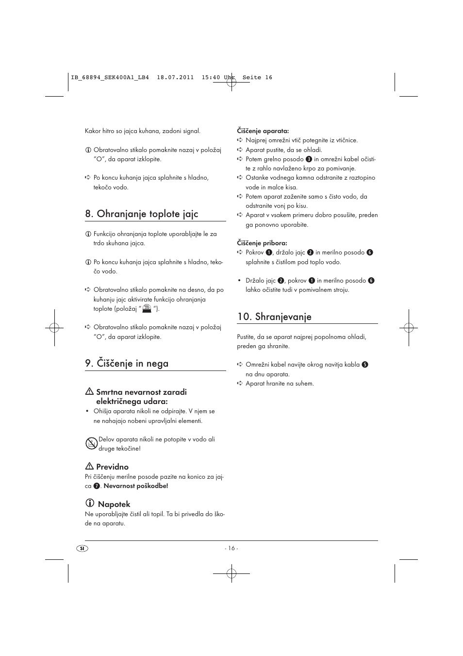 Ohranjanje toplote jajc, Čiščenje in nega, Shranjevanje | Silvercrest SEK 400 A1 User Manual | Page 18 / 31