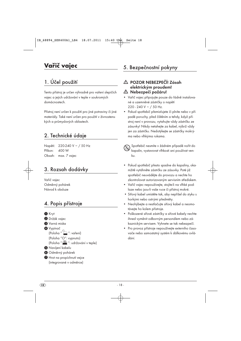 Vařič vajec, Účel použití, Technické údaje | Rozsah dodávky, Popis přístroje, Bezpečnostní pokyny | Silvercrest SEK 400 A1 User Manual | Page 20 / 31