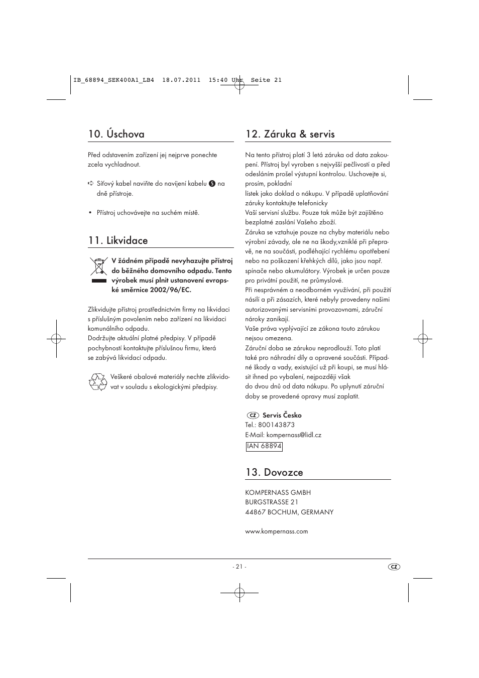 Úschova, Likvidace, Záruka & servis | Dovozce | Silvercrest SEK 400 A1 User Manual | Page 23 / 31