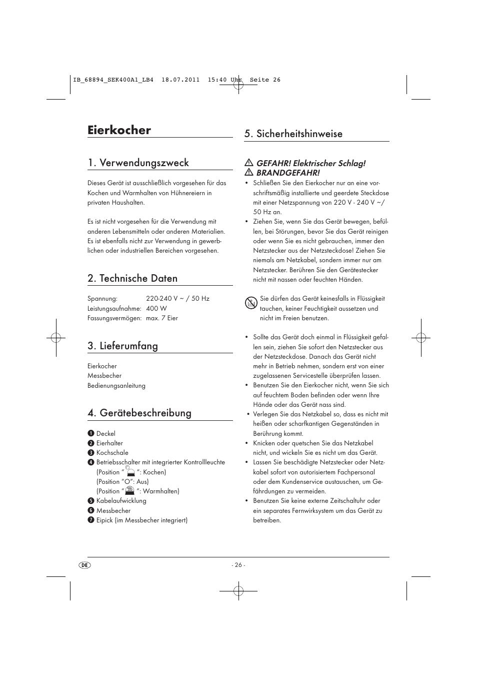 Eierkocher, Verwendungszweck, Technische daten | Lieferumfang, Gerätebeschreibung, Sicherheitshinweise | Silvercrest SEK 400 A1 User Manual | Page 28 / 31