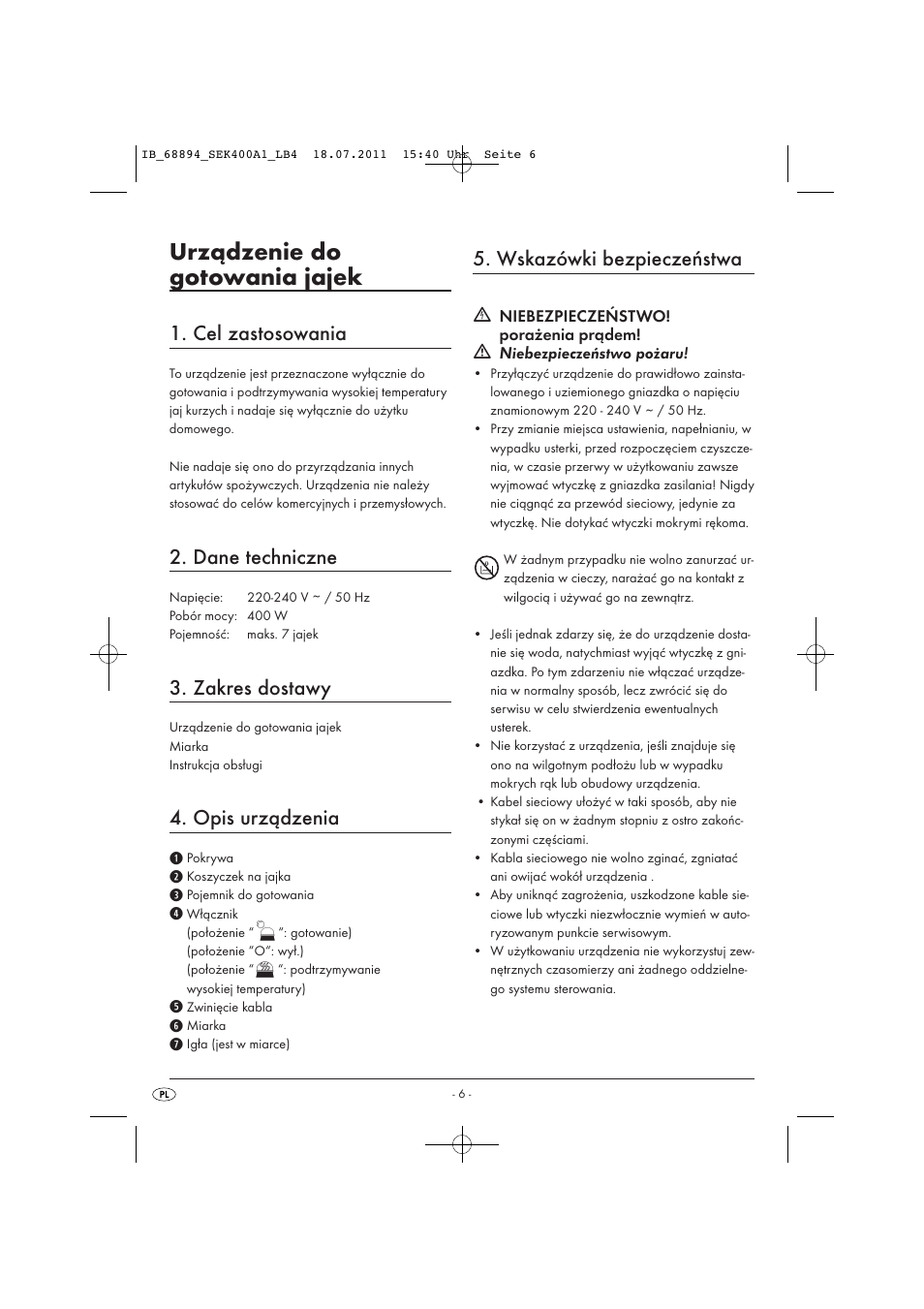 Urządzenie do gotowania jajek, Cel zastosowania, Dane techniczne | Zakres dostawy, Opis urządzenia, Wskazówki bezpieczeństwa | Silvercrest SEK 400 A1 User Manual | Page 8 / 31