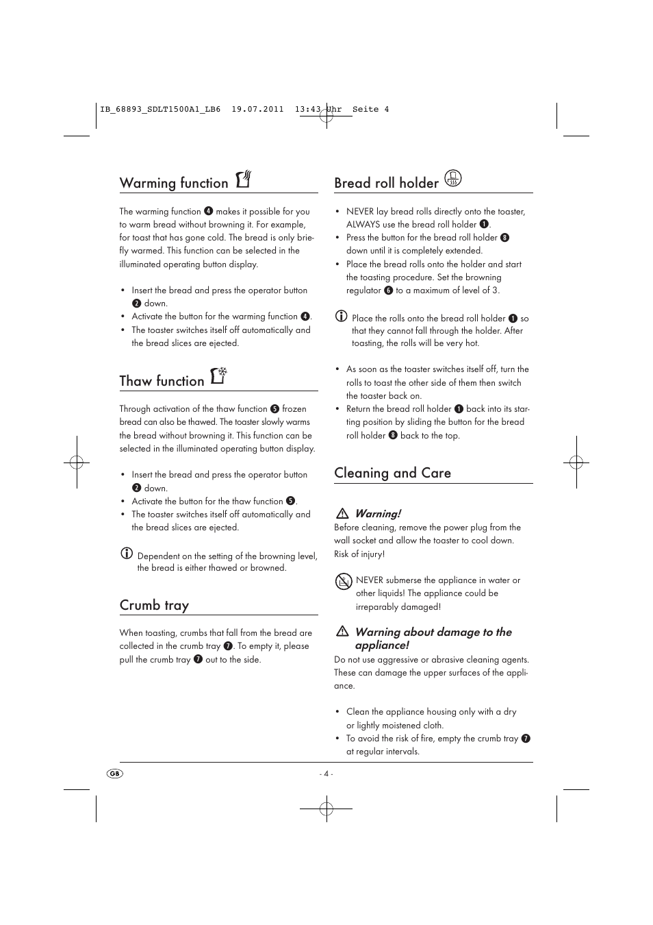 Warming function, Thaw function, Crumb tray | Bread roll holder, Cleaning and care | Silvercrest SDLT 1500 A1 User Manual | Page 6 / 14