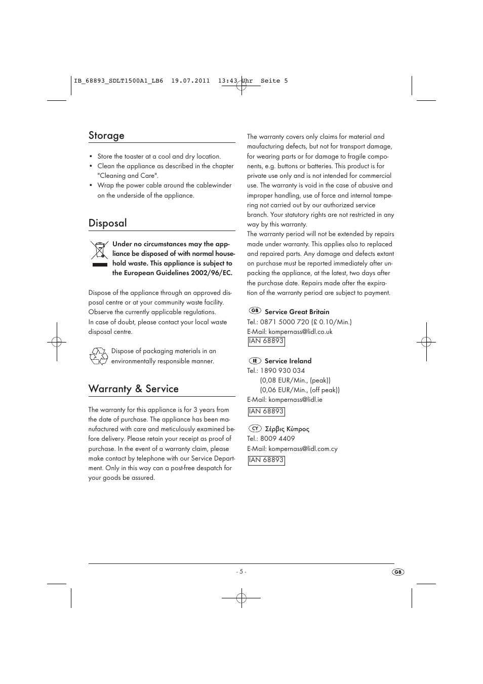 Storage, Disposal, Warranty & service | Silvercrest SDLT 1500 A1 User Manual | Page 7 / 14