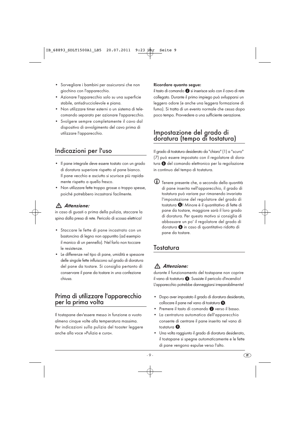 Indicazioni per l'uso, Tostatura | Silvercrest SDLT 1500 A1 User Manual | Page 11 / 32