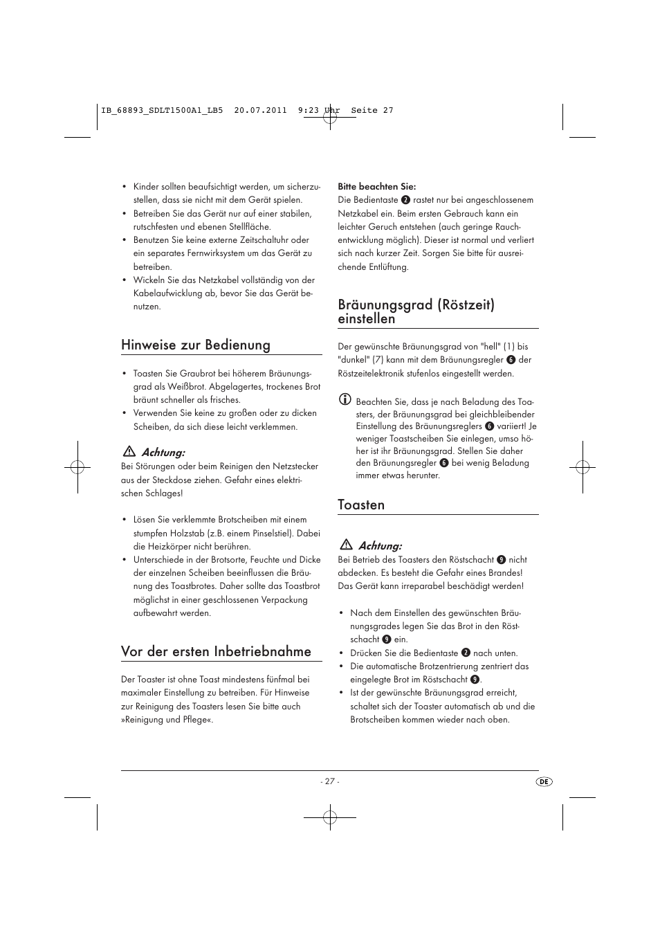 Hinweise zur bedienung, Vor der ersten inbetriebnahme, Bräunungsgrad (röstzeit) einstellen | Toasten | Silvercrest SDLT 1500 A1 User Manual | Page 29 / 32