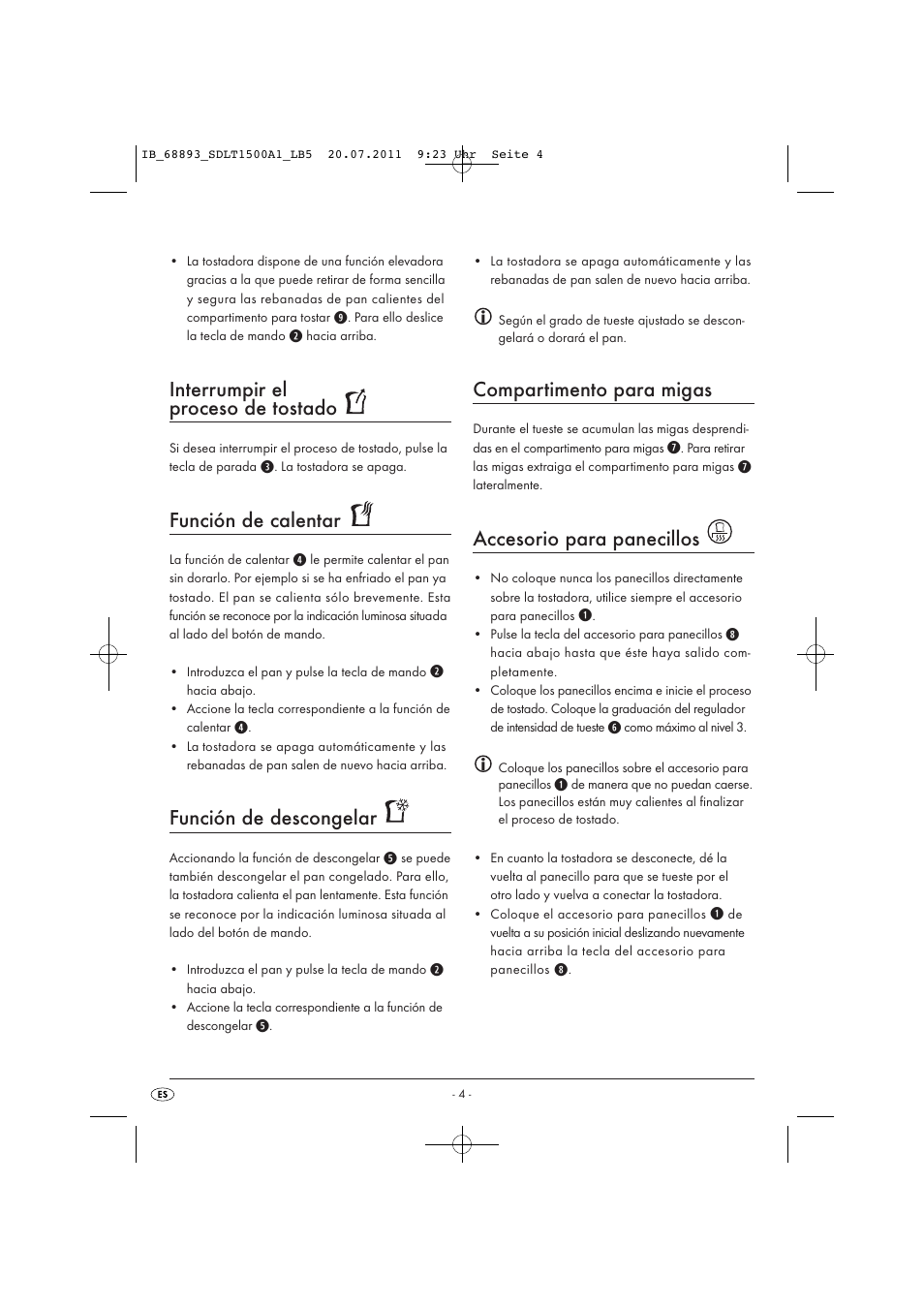 Interrumpir el proceso de tostado, Función de calentar, Función de descongelar | Compartimento para migas, Accesorio para panecillos | Silvercrest SDLT 1500 A1 User Manual | Page 6 / 32