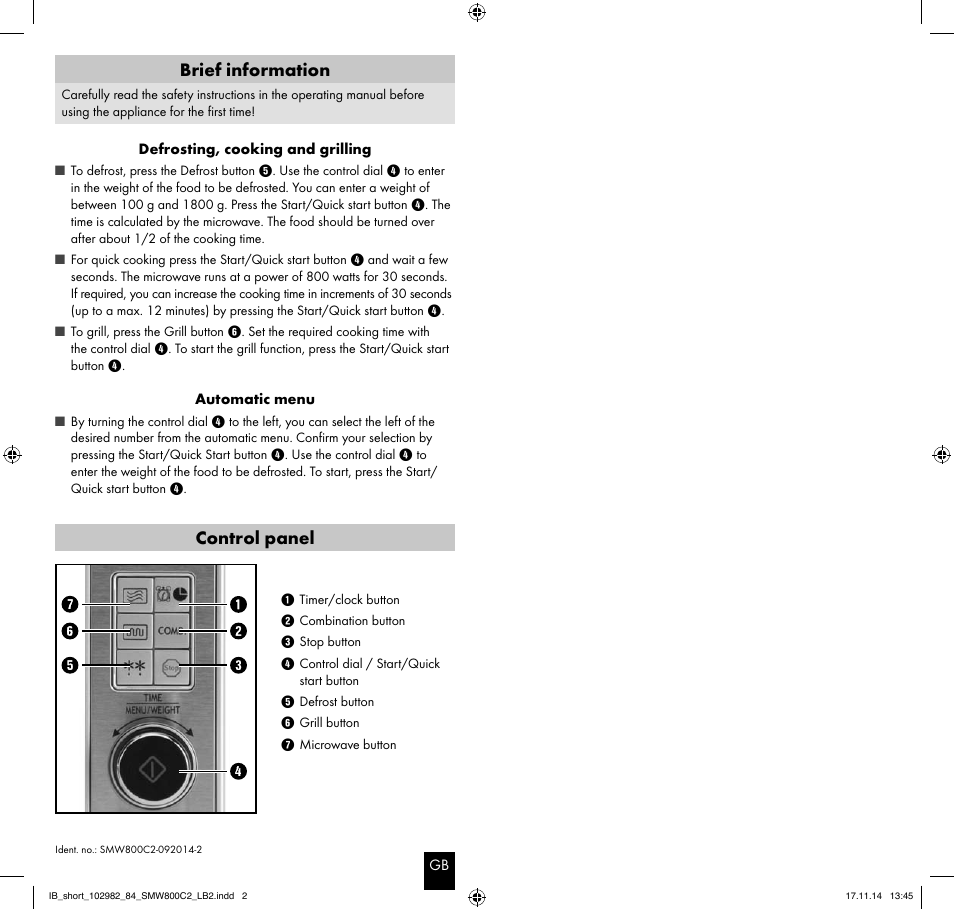 Brief information, Control panel | Silvercrest SMW800C2-092014-2 User Manual | Page 2 / 2