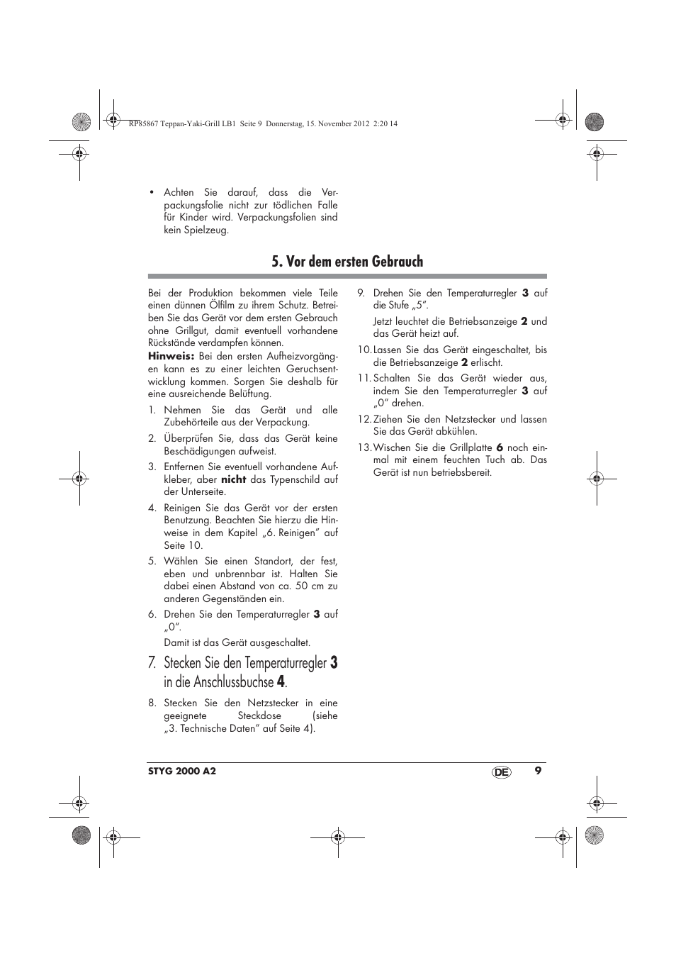 Vor dem ersten gebrauch | Silvercrest STYG 2000 A2 User Manual | Page 11 / 62