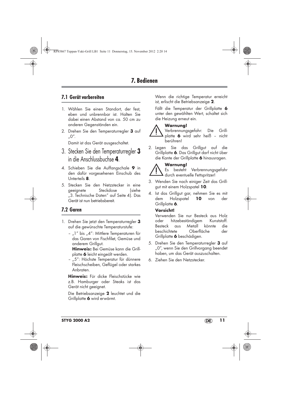 Bedienen, 1 gerät vorbereiten, 2 garen | Silvercrest STYG 2000 A2 User Manual | Page 13 / 62