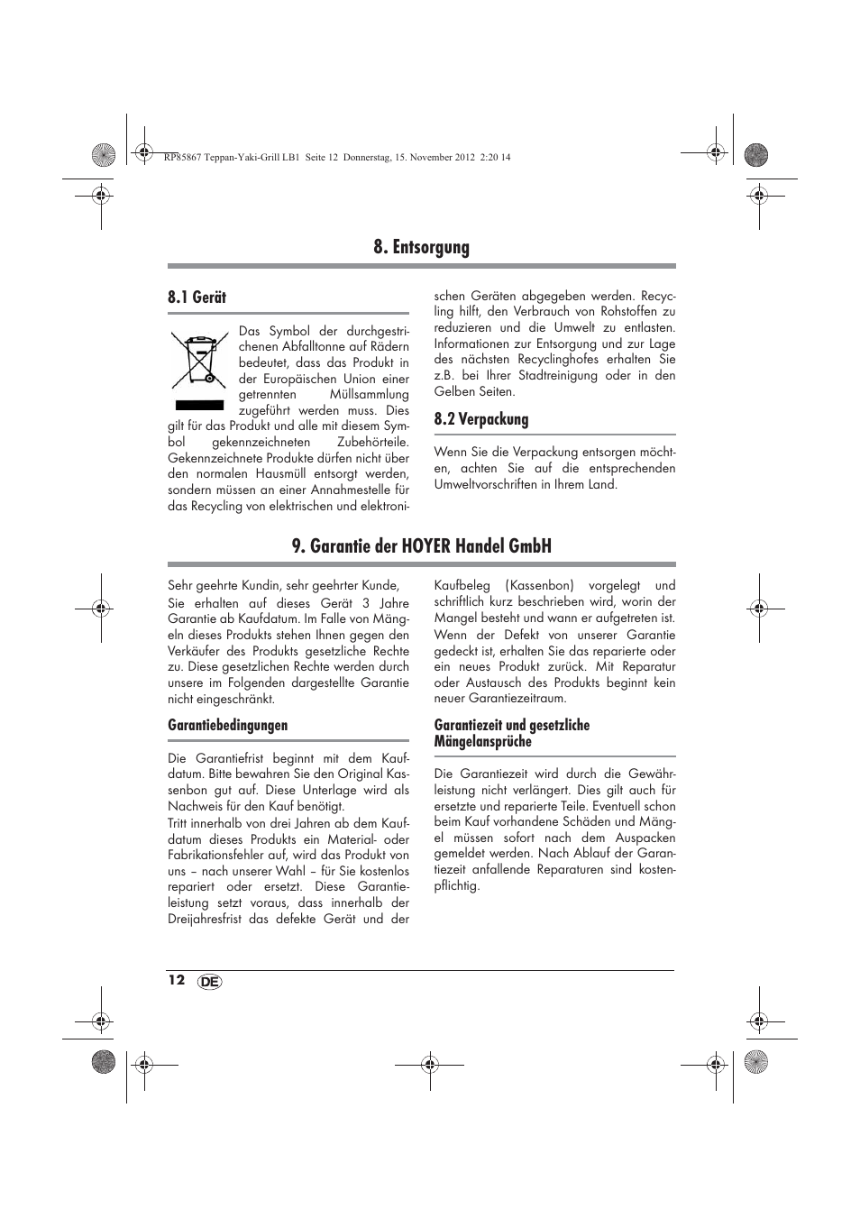Entsorgung, Garantie der hoyer handel gmbh | Silvercrest STYG 2000 A2 User Manual | Page 14 / 62