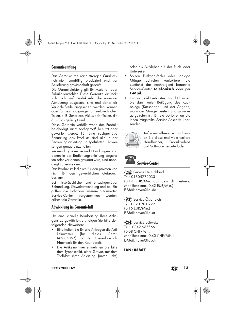 Garantieumfang, Abwicklung im garantiefall, Service-center | Silvercrest STYG 2000 A2 User Manual | Page 15 / 62