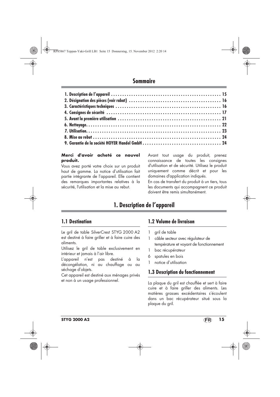 Sommaire, Description de l’appareil | Silvercrest STYG 2000 A2 User Manual | Page 17 / 62