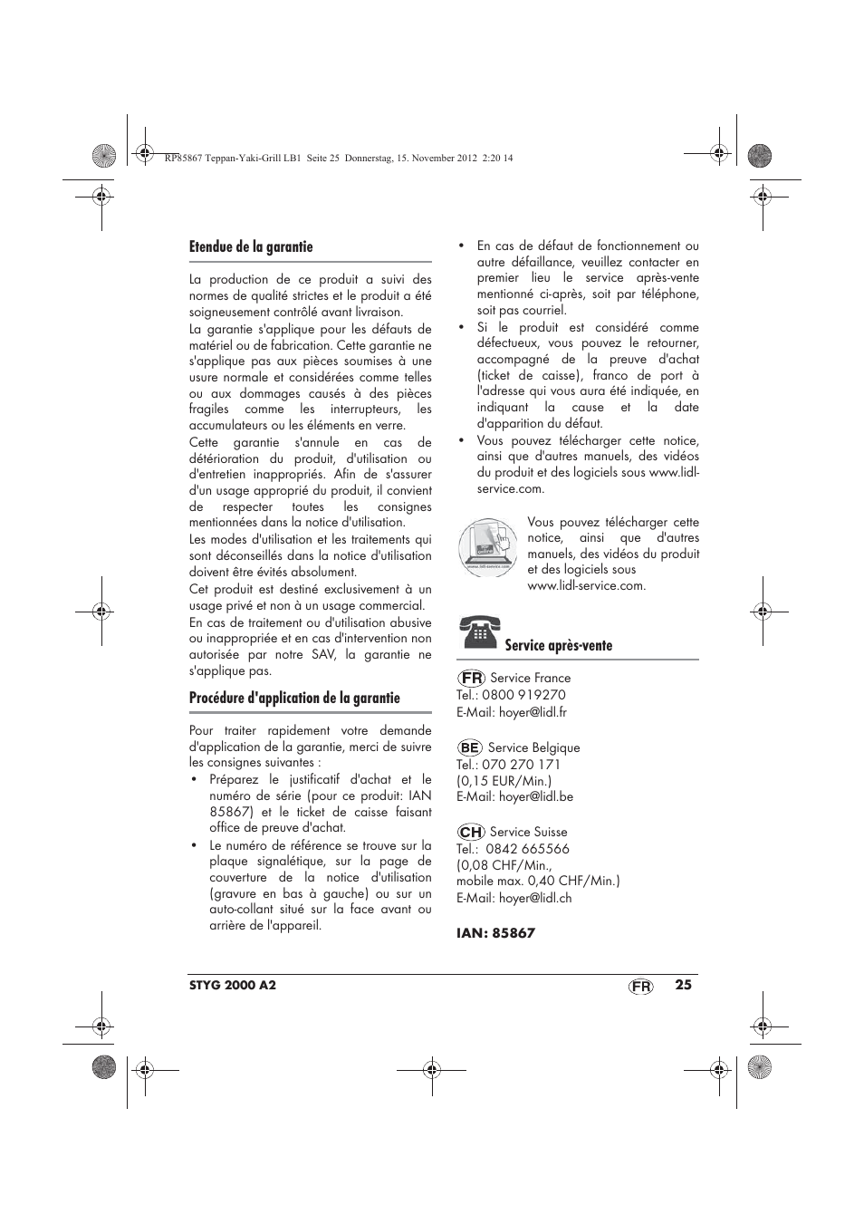 Etendue de la garantie, Procédure d'application de la garantie, Service après-vente | Silvercrest STYG 2000 A2 User Manual | Page 27 / 62