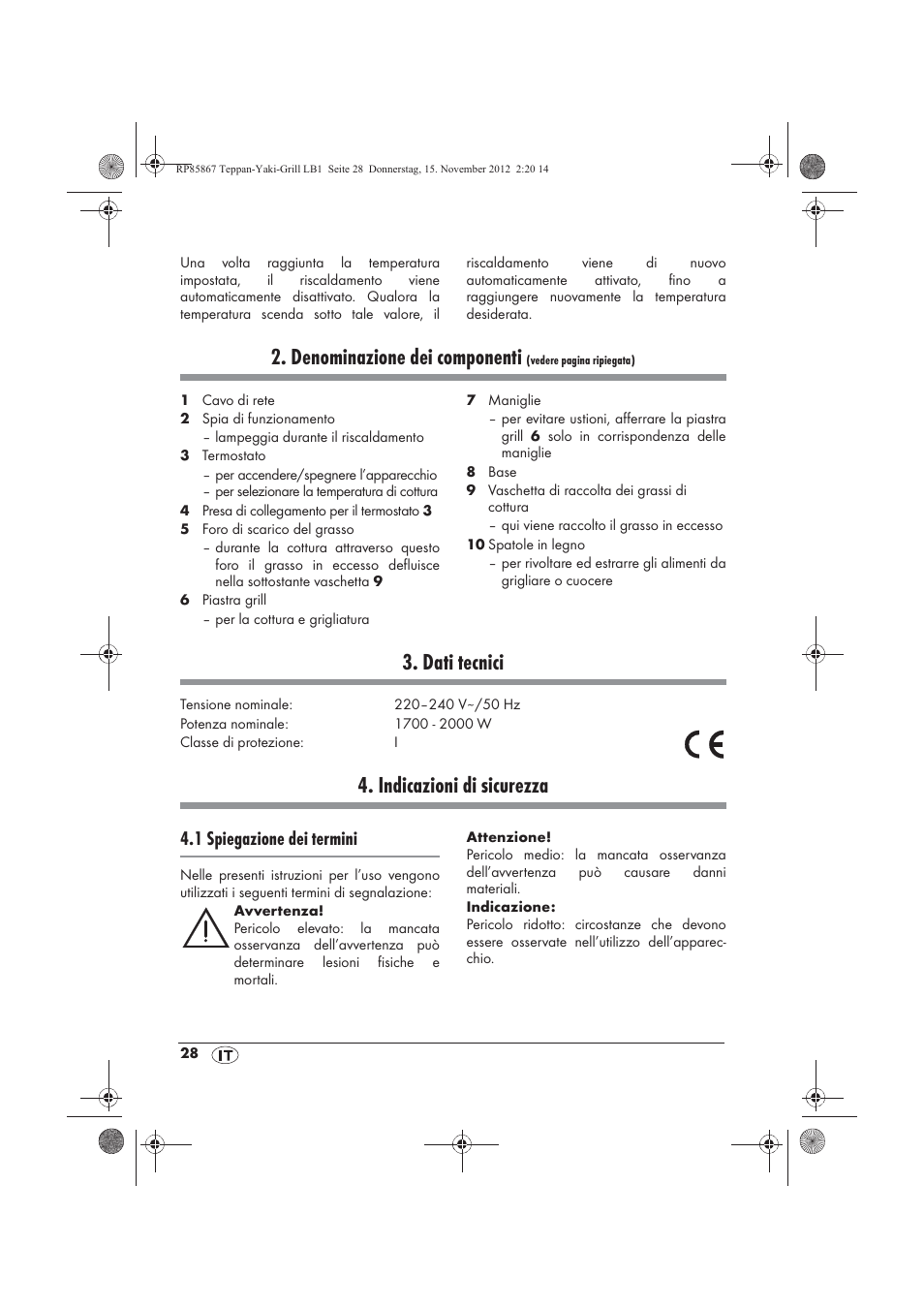 Denominazione dei componenti, Dati tecnici, Indicazioni di sicurezza | 1 spiegazione dei termini | Silvercrest STYG 2000 A2 User Manual | Page 30 / 62